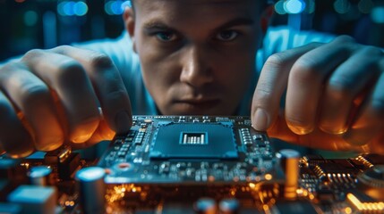 Poster - A man is looking at a computer chip
