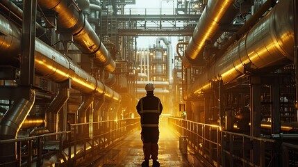 Wall Mural - Oil and gas worker walking through a maze of pipes and valves at an industrial plant