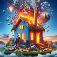 Canvas Print - House in fire with sky