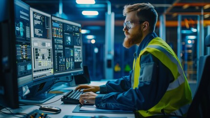 Aufkleber - A man in a yellow vest is sitting in front of a computer with a keyboard