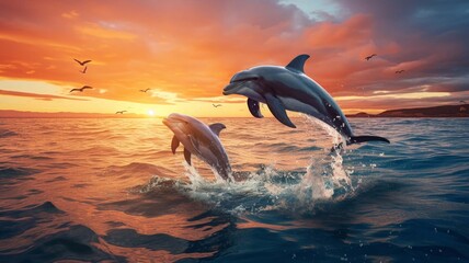Beautiful dolphins jump out of the sea. selective focus. Generative AI,