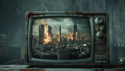 Poster - A vintage television set displaying an apocalyptic cityscape