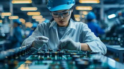 Aufkleber - A woman in a lab coat is working on a computer chip