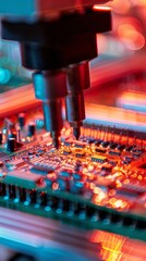 Aufkleber - A close up of a circuit board with a red light shining on it