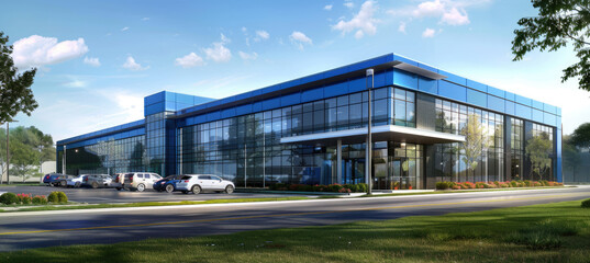 Wall Mural - architectural rendering, wide shot of a modern two-story office building with blue and white paneling on the exterior walls
