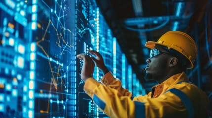 Aufkleber - A man in a yellow jacket is looking at a computer screen with a lot of numbers