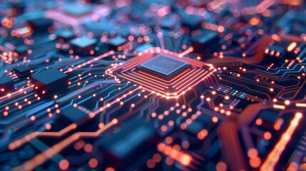 Poster - A computer chip is shown in a close up with a lot of orange and blue lights