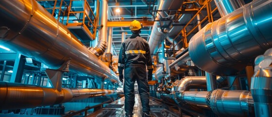 Wall Mural - Industrial worker in protective uniform and hardhat at the industrial plant with many pipelines and valves.