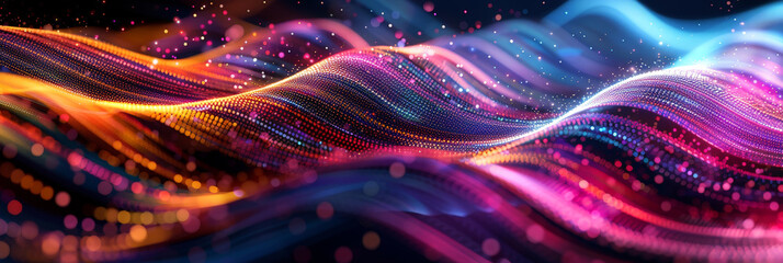 Poster - glowing data lines on a black background,Neon light trails with digital particles in motion creating a vibrant and futuristic visual display.technological operations, neural networks, AI, 
