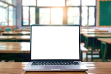 Mockup image of laptop with blank white screen on table in cozy school classroom environment furnishings