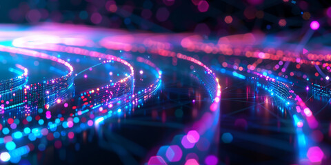Poster - glowing data lines on a black background,Neon light trails with digital particles in motion creating a vibrant and futuristic visual display.technological operations, neural networks, AI, 