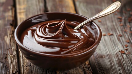 Wall Mural - Squisite smooth chocolate cream in a bowl with a spoon on a wooden background