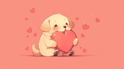 Wall Mural - A delightful image emerges in the mind a cute puppy playfully cradling a heart in its tiny paws