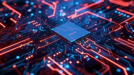 Poster - A computer chip is shown in a blue and red color scheme