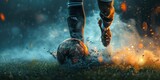 Fototapeta Sport - A soccer ball is being kick by the foot of an athlete