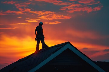 A roofers silhouette with a midrange view background showcasing photorealistic roofing projects, shingles, and house construction