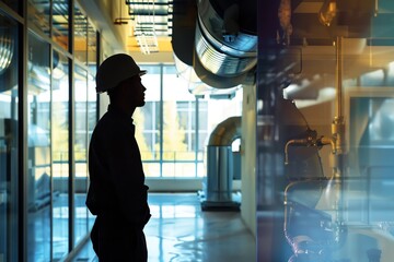 An HVAC technicians silhouette against a midrange view background filled with photorealistic images of heating, ventilation, and air conditioning installations in buildings