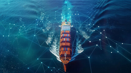 Poster - Aerial view of a cargo ship sailing with a digital network overlay, illustrating advanced maritime technology and global connectivity.
