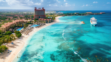 Wall Mural - An aerial view of Aruba's famous beach, Ko Beach in Palm Beach, showcasing the white sandy shore and turquoise waters