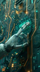 Poster - A robot hand is touching a green and orange circuit board