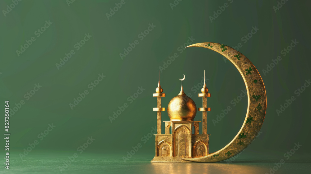 Golden 3D crescent moon with paper silhouette green mosque behind the ...