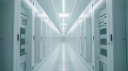 Poster - A long hallway with many white computer servers