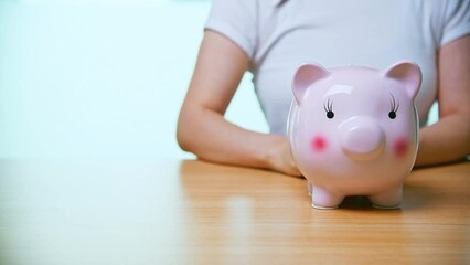 Wall Mural - Woman hand putting coins into the piggy bank