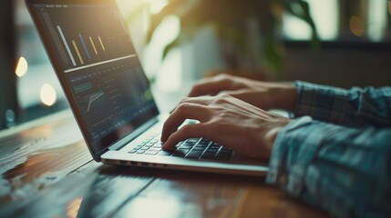 Poster - Businessperson reviewing financial charts on a laptop, focused and determined
