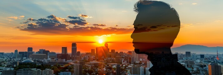 Poster - Business senior in artistic double exposure collage with vibrant skyscrapers and colorful graphics