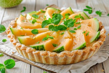 Wall Mural - Delicious pie with melon slices and mint on a rustic table