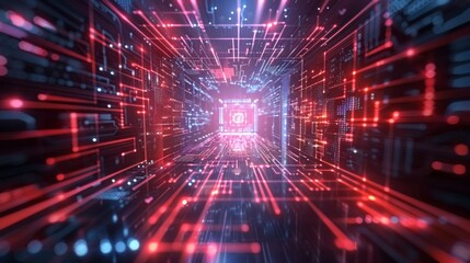 Poster - A computer chip is shown in a red and blue light