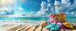 © Kien - Beautiful summer background with beach accessories, flipflops and bag on a wooden table, blue sky with clouds, sun rays, and sea waves in the background