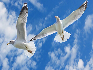 Two seagulls gracefully gliding through the clear blue sky on a sunny day.