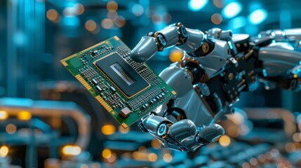 Poster - A robot is holding a computer chip in its hand