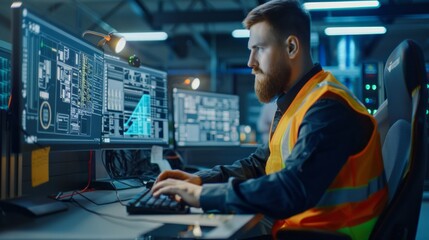 Aufkleber - A man in an orange vest is working on a computer with two monitors