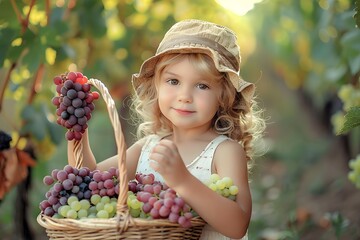 a little girl with a basket of grapes against the background of a vineyard. harvesting.