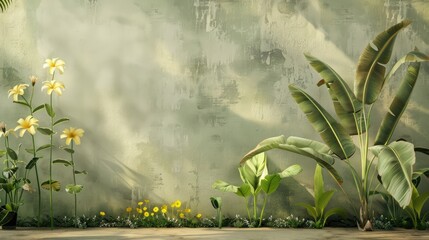 Render of a lovely floral backdrop with a green ribbed plantain plant