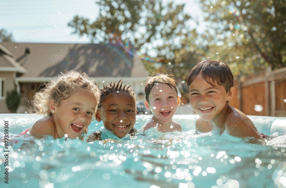 there is an inflatable pool in which four children of different races ...