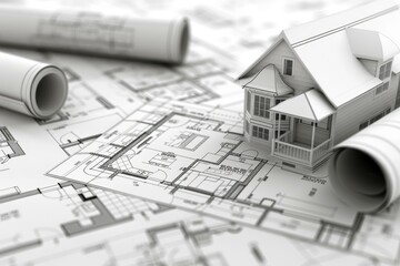 Poster - Detailed house plans with a 3d model of a house for construction and design projects