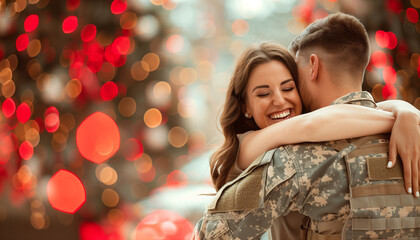 Soldier and spouse sharing a joyful embrace, with copy space