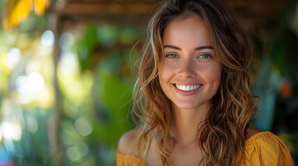 Wall Mural - happy brunette woman with a beautiful smile joyfully posing for a portrait