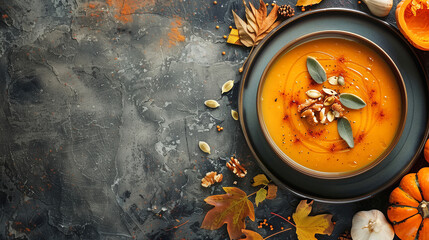 Beautiful pumpkin soup with copy space