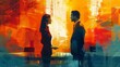 © ChimE - Illustration of confident business negotiations with assertive businessman and businesswoman in a corporate setting.