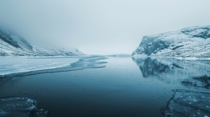 Aufkleber - A cold, snowy landscape with a body of water in the foreground
