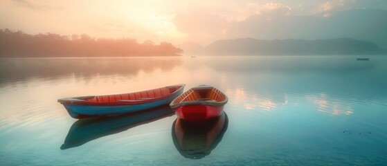 Wall Mural - Two boats are floating in a lake, one red and one blue