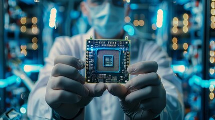 Poster - A man is holding a computer chip in his gloved hand