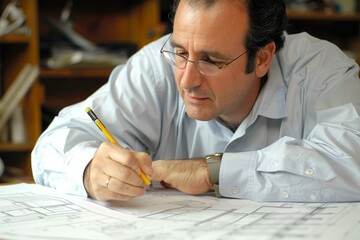 Poster - Architect meticulously reviewing detailed blueprints at his desk in his office, concentrating on analyzing and planning the construction project with focused expertise and precision