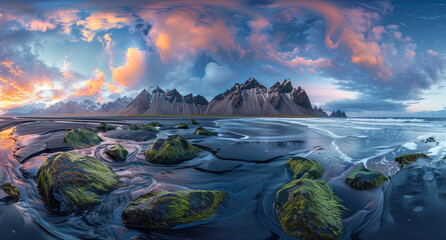 panoramic view of black sand beach with green moss, majestic vestrahorn mountain in the background, colorful sky at sunset, Icelandic landscape