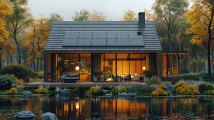 Wall Mural - New suburban house with a photovoltaic system on the roof