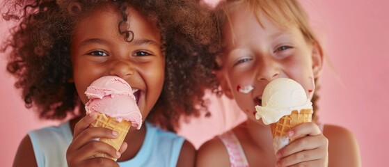 Wall Mural - Two young girls are smiling and holding ice cream cones